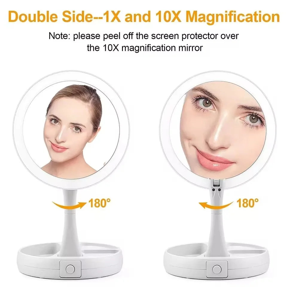 Double-Sided Travel LED Makeup Mirror with 10X Magnification Folding Portable Cosmetic Mirror with Lights Dual Powered Supply Vue