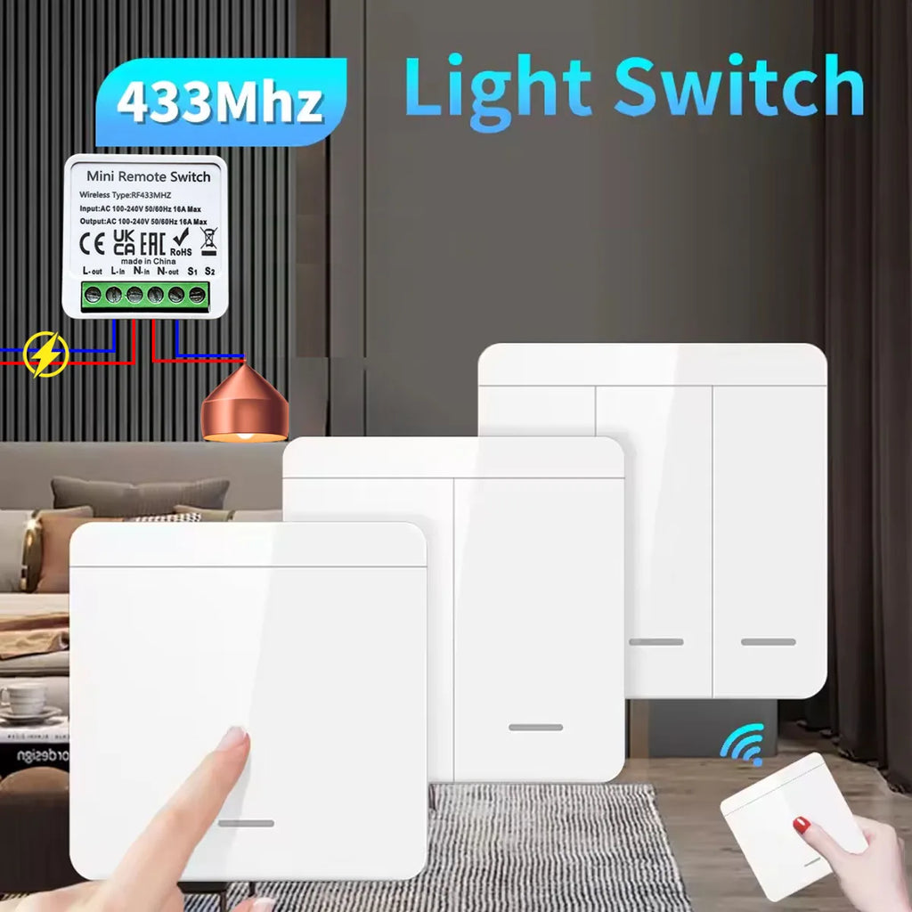 RF 433 MHz Smart Switch Mini DIY Wireless Remote Control Light Relay Receiver 1/2/3 Gang 86 Wall Transmitter Button Panel Switch Vue