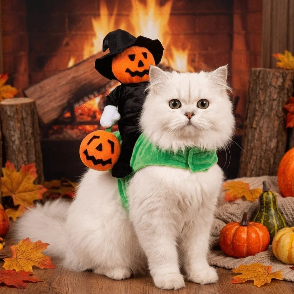 Standing Style Halloween Pet Pumpkin Riding Costume Ghost Face Pumpkin Adjustable Straps Dog Transformation Costume Breathable Vue