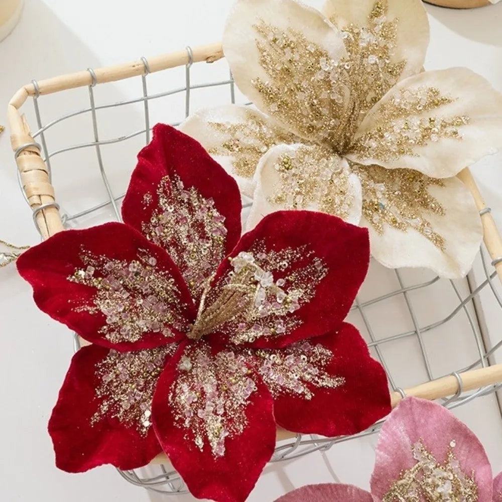 20 cm Artificial Christmas Flower Glitter Large Christmas Poinsettia Handmade Velvet Simulation Flower Home Decoration Vue