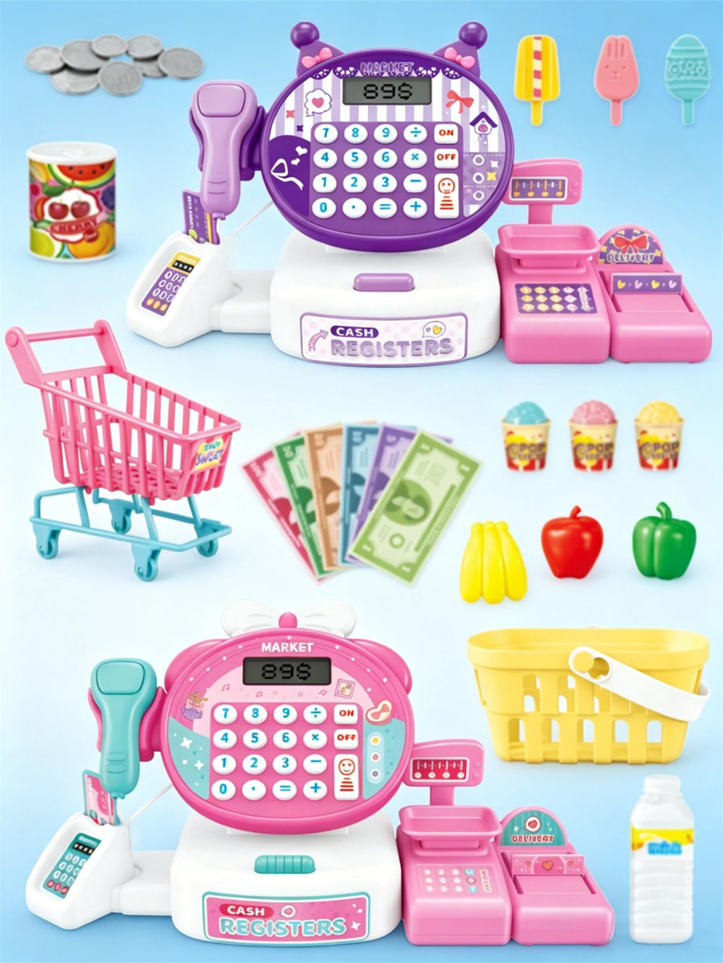 Mini Cartoon Cash Register with Lights:Supermarket Simulation with Scanning, Calculate,Cart—Interactive Parent-Child Toy Set Vue