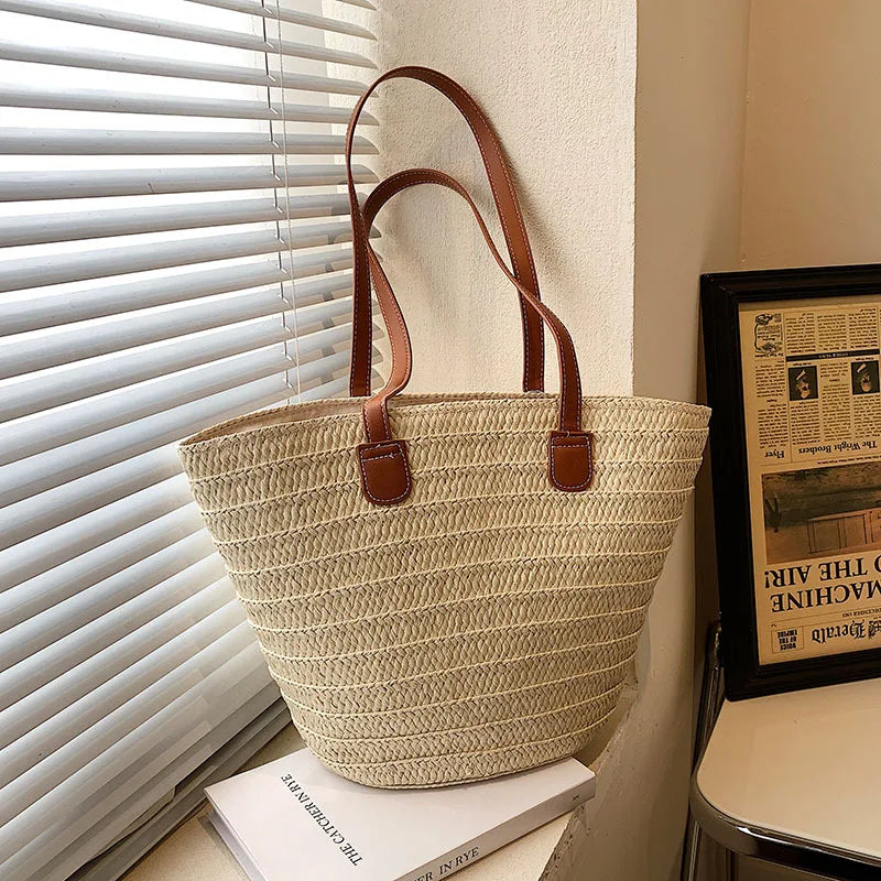 Women's Large Capacity Shoulder Bag Summer Straw Woven Basket Handbag Vue beige 23x14x29cm