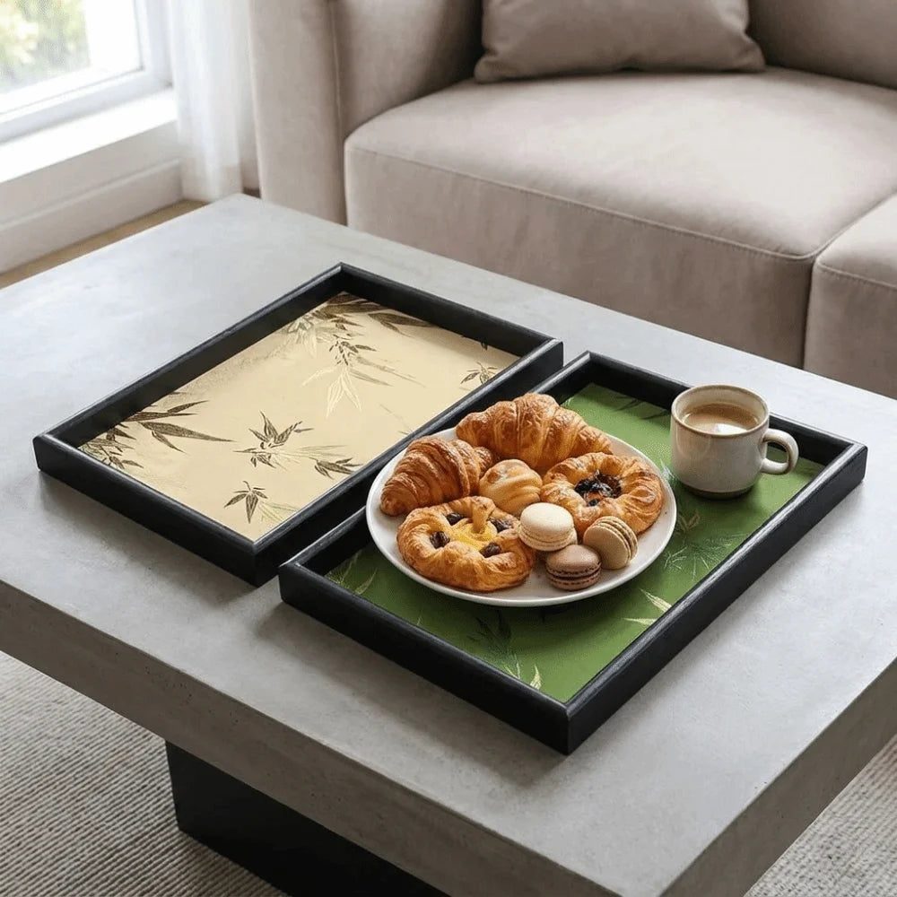Wooden Bamboo Shadow Embroidered Tray Large Capacity Decorative Rectangular Storage Tray Space Saving Chinese Style Vue