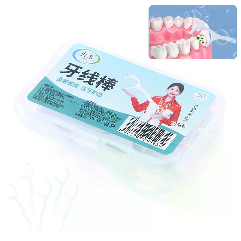 50Pcs/Box Portable Disposable Dental Floss Plastic Toothpick High-tension Dental Floss Stick Dental Floss Box ﻿Oral Care Vue