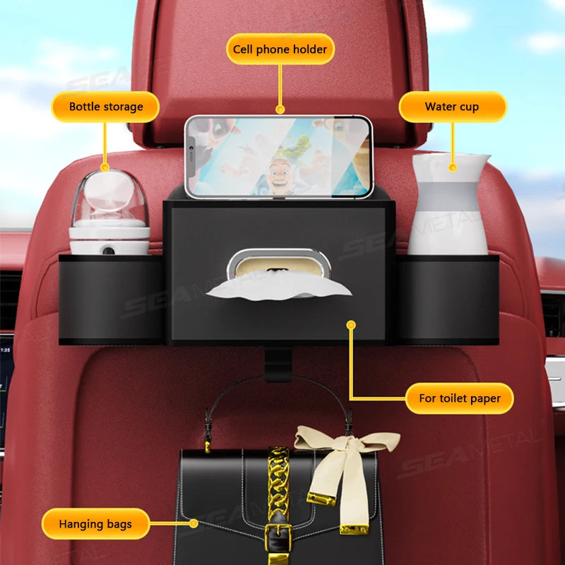 SEAMETAL Car Seat Back Storage Box Multifunctional Cup Holders Phone Stand Tissue Box Hook 5 In 1 Backseat Hanging Organizer Box Vue