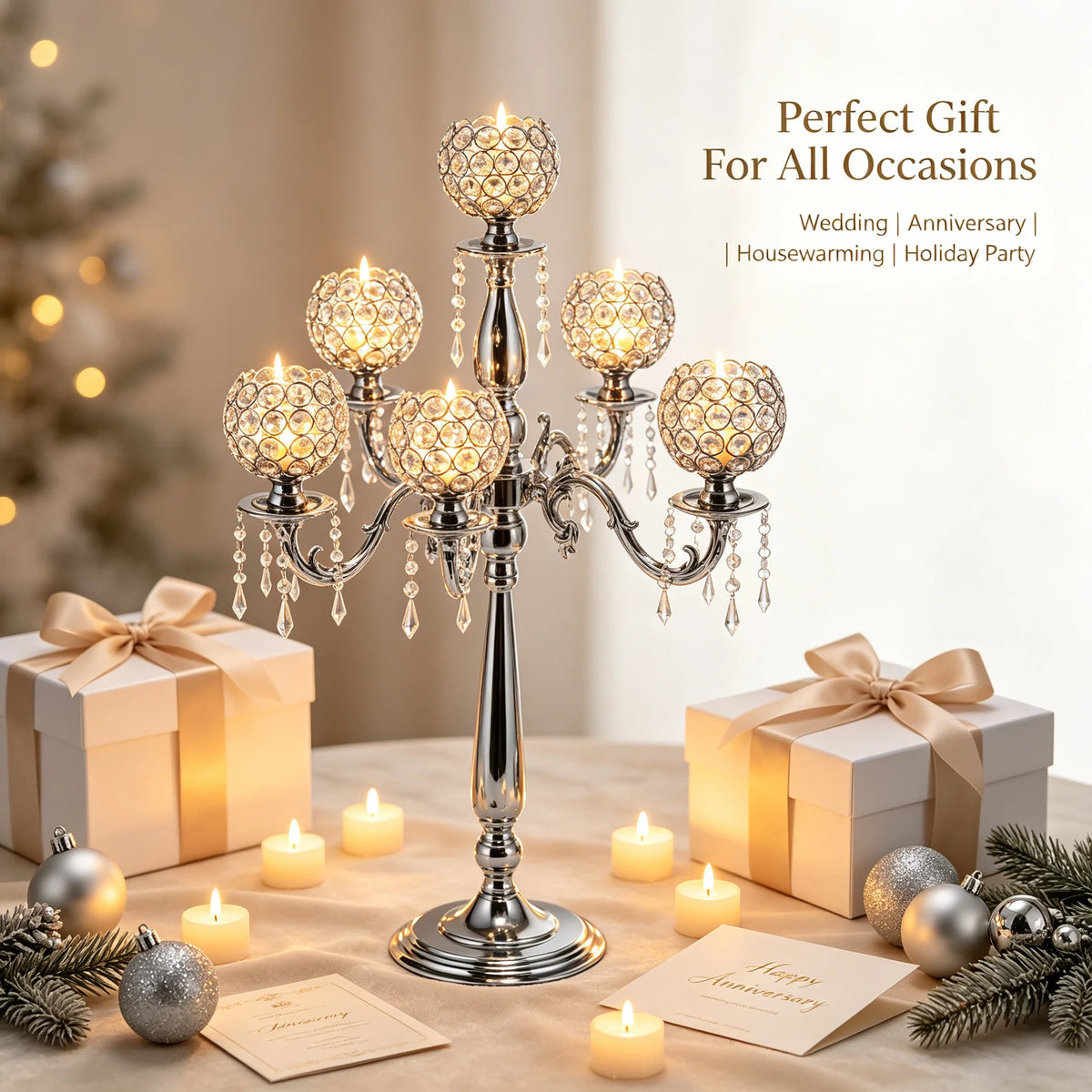 Five-Arm Crystal Drop Candelabra Silver Tabletop Candle Holder Candelabra Vue United States