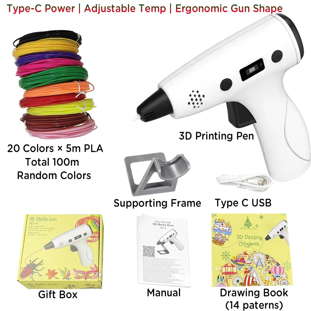 3D Printing Pen Type-C Adjustable Speed LCD Display DIY Graffiti Pen for Kids Teens PLA ABS 3D Art Craft Birthday Gift Boy Girl Vue white with100M PLA