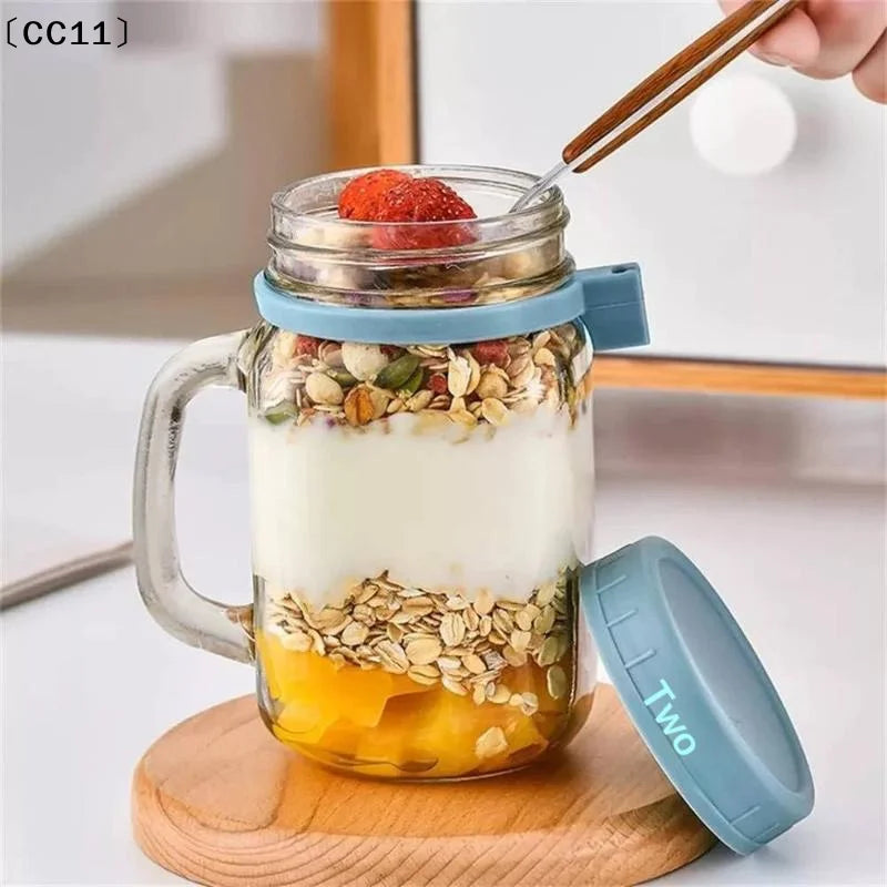 Overnight Oats Containers Handle Lid Spoon Glass Oatmeal Jars Cereal