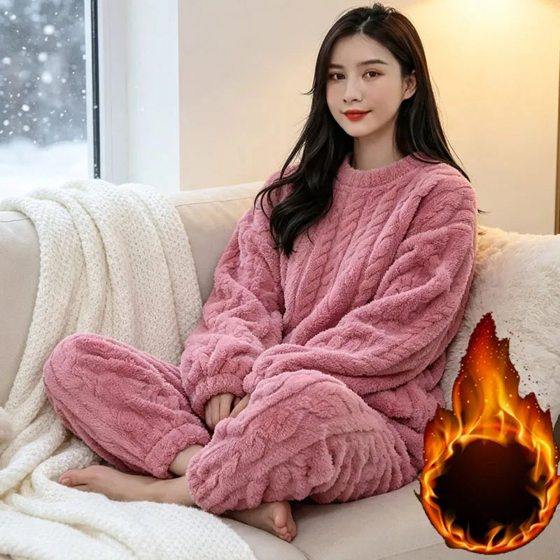 Womens Winter Coral Fleece Lounge Set Solid Color Jacquard Knit Pajama Suit Long Sleeve Top and Pants Warm Sleepwear Vue
