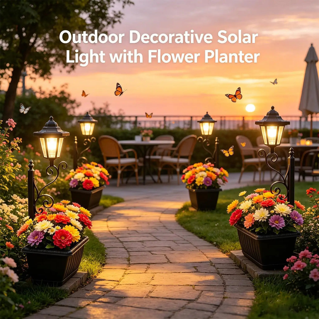 Wrought Iron Solar Lamppost with Planter Waterproof Outdoor Floor Stake Light for Garden Patio Walkway Landscape Ambiance Decor Vue