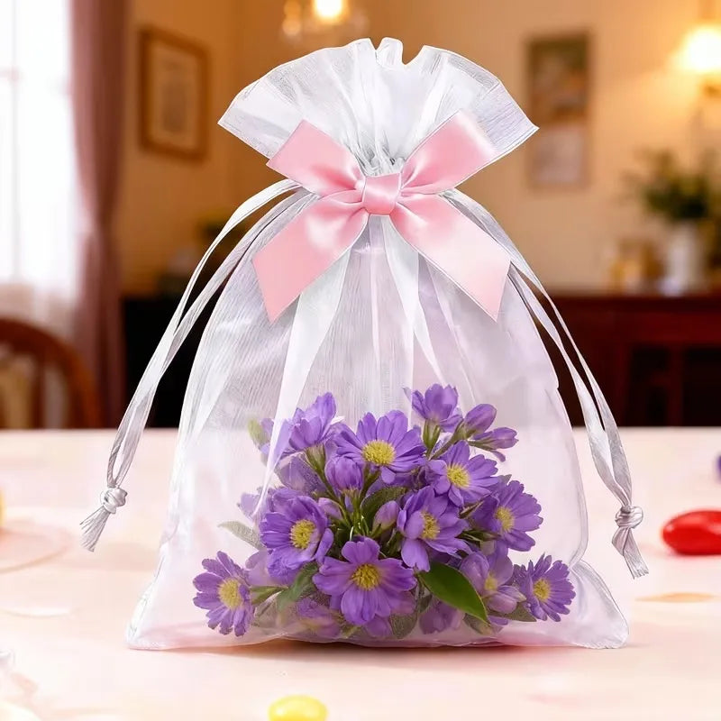 10-80Pcs Organza Drawstring Bag with Collision Color Bow Transparent Sheer Mesh Pouch with Ribbon Tie for Gift Party Favor Vue