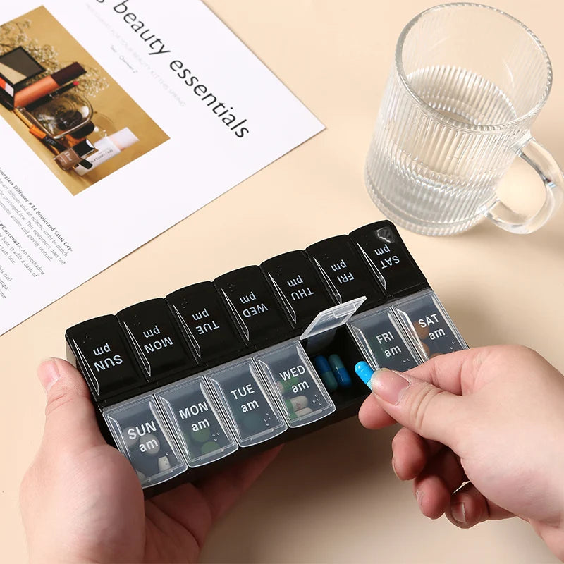 Braille Design Weekly Pill Organizer 7 Days 14 Grids Portable Travel Medicine Storage for Tablets Vitamins Fish Oils Vue
