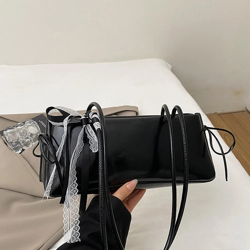 Trendy Multicolor Shoulder Bag PU Leather Bowknot Versatile Commuting Bag with Lace Ribbon Large Capacity Underarm Bag Shopping Vue Black With Lace