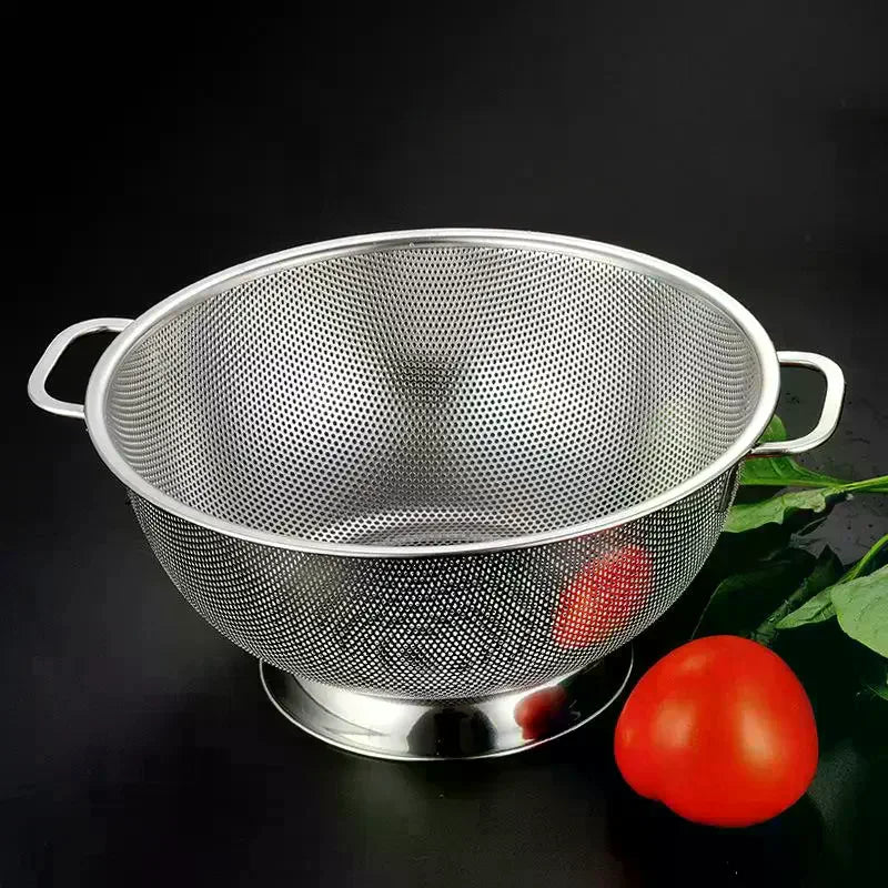 Stainless Steel Colander With Double Handle Food Pasta Strainer Basket With Self-draining Solid Ring Base Fine Mesh Filter Vue