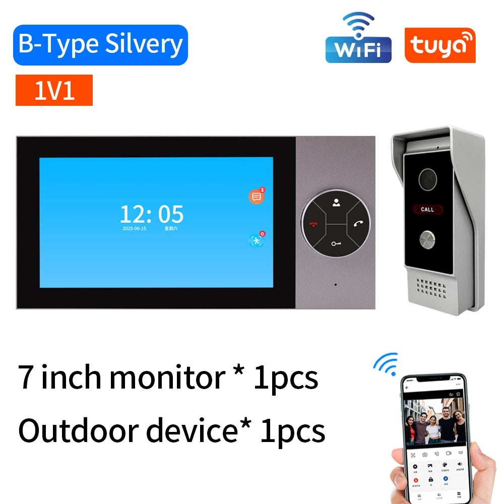 AHD8 4-WireTuya Wifi 1080P Video Intercom Video Door Phone 7'' Touch Monitor Video Doorbell Door Camera Security System IP Villa Vue ABE-AHD 1V1 silver