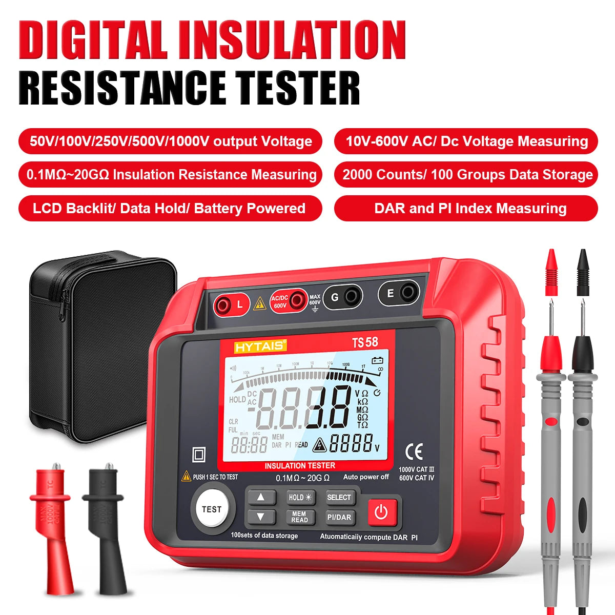 HYTAIS TS58 Digital Megohmmeter Professional Insulation Resistance Tester 1000V 20GΩ AC/DC Voltage Tester Data Storage with Bag Vue