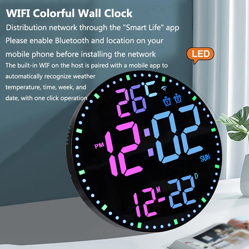 LED Wifi Digital Wall Clock Multifunctional Temperature Display House Daily Alarm Clock Wall Hanging Colorful Intelligent Clocks Vue