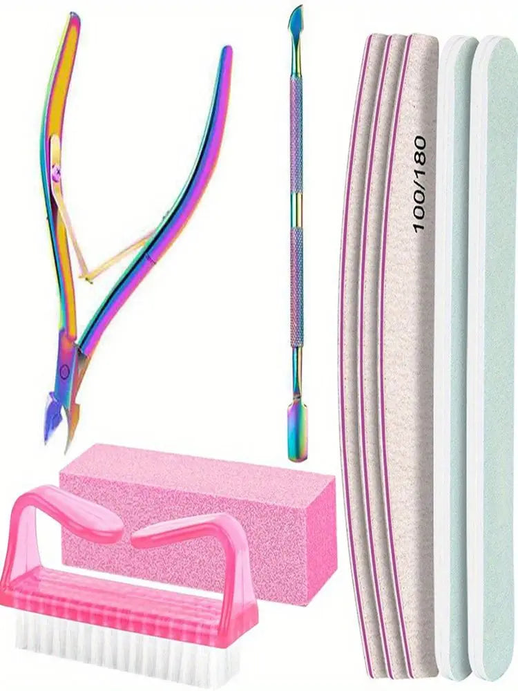 9Pcs/lot Nail Art 100/180 Grit Professional Files Buffer Sponge Block Brush Nail Scissors Kit With Cuticle Nipper Pushers Manicu Vue