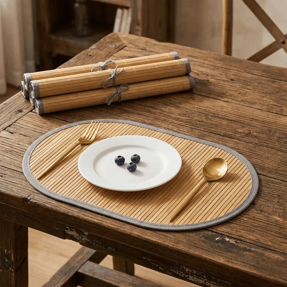 Creative Natural Bamboo Placemats Anti-Slip Edge Binding Woven Oval Placemat Heat-Resistant Rustic Dining Pad Kitchen Vue