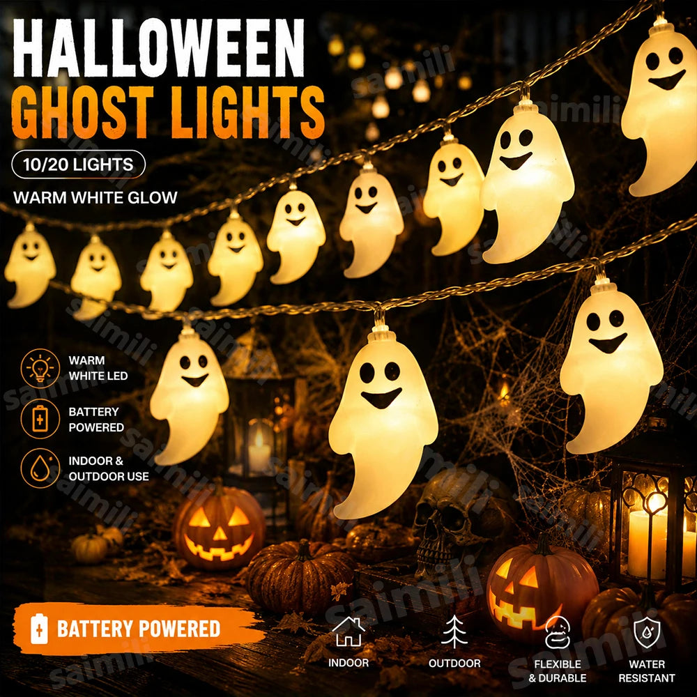 Halloween Spooky Ghost Fairy Light String Battery Hanging Ornament Lamp For Home Horror Party DIY Scene Layout Decor Lighting Vue