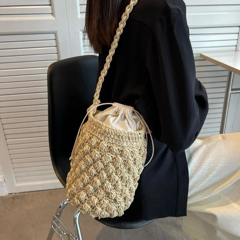 Summer Handmade Crossbody Bag Women Beach Weaving Drawstring Straw