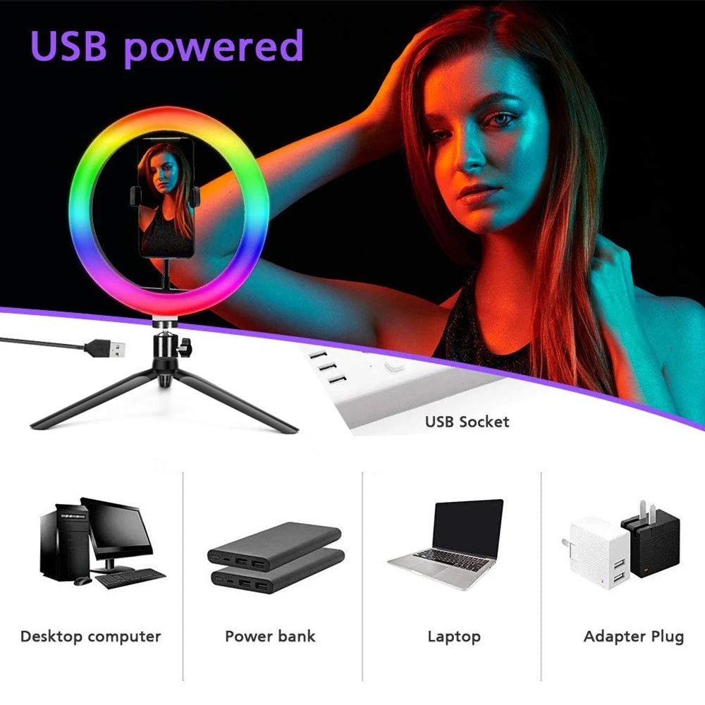 RGB Ring Light Lamp Ring Round With Remote Control For Smartphone Mobile Led Video Light Ring Make Youtube Photographic Lighting Vue