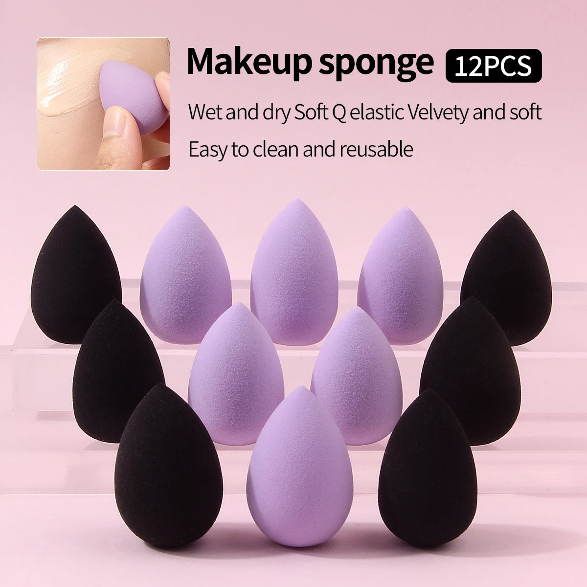 mini 12PCS Black & Purple Teardrop Soft Elastic Reusable Blending Sponges for Foundation & Concealer Makeup,Hot Sale Dual Use Be Vue MULTICOLOR