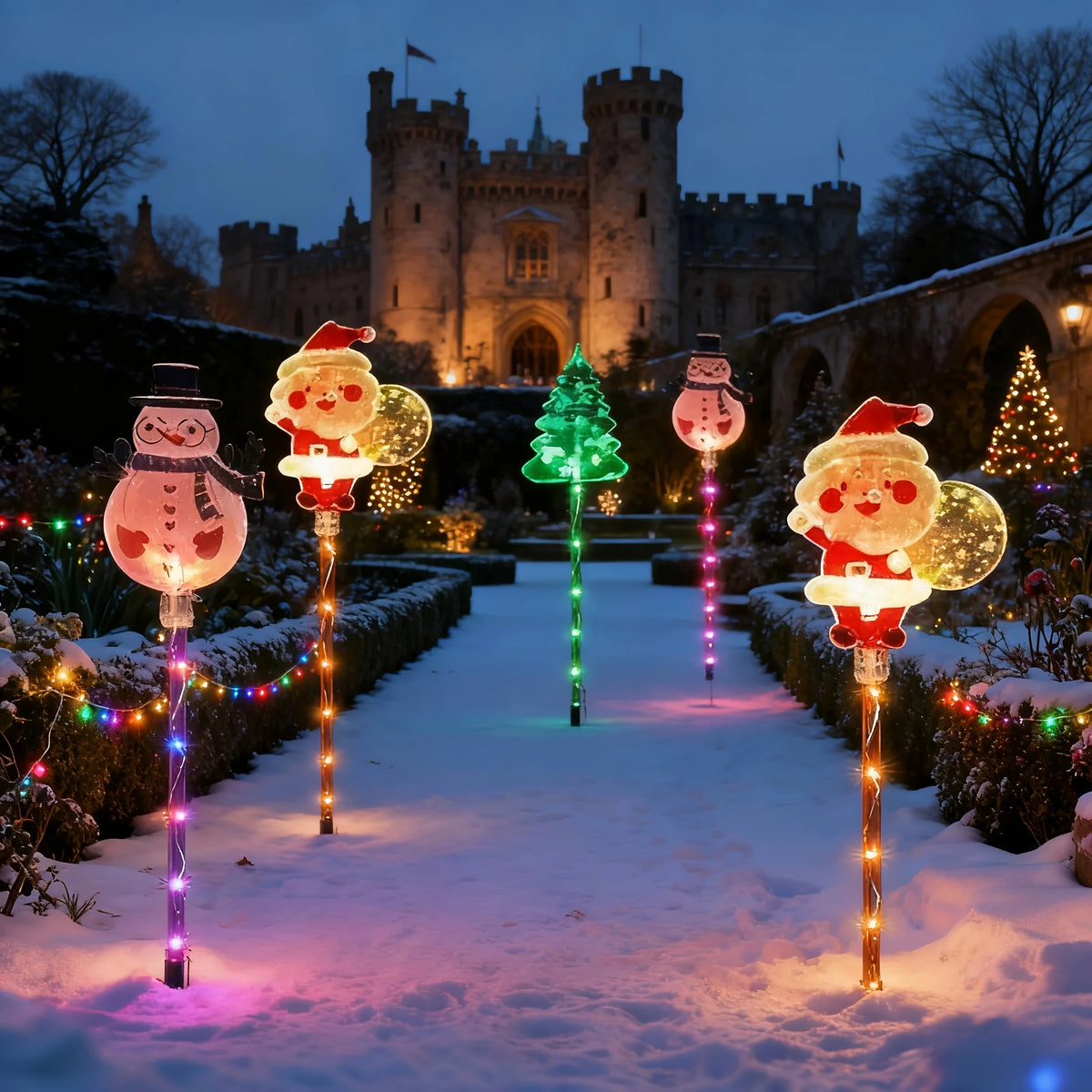 6PCS Weatherproof Solar Christmas Stakes - Santa/Snowman/Tree Shapes, 8 Lighting Modes, Garden Path Decor Vue