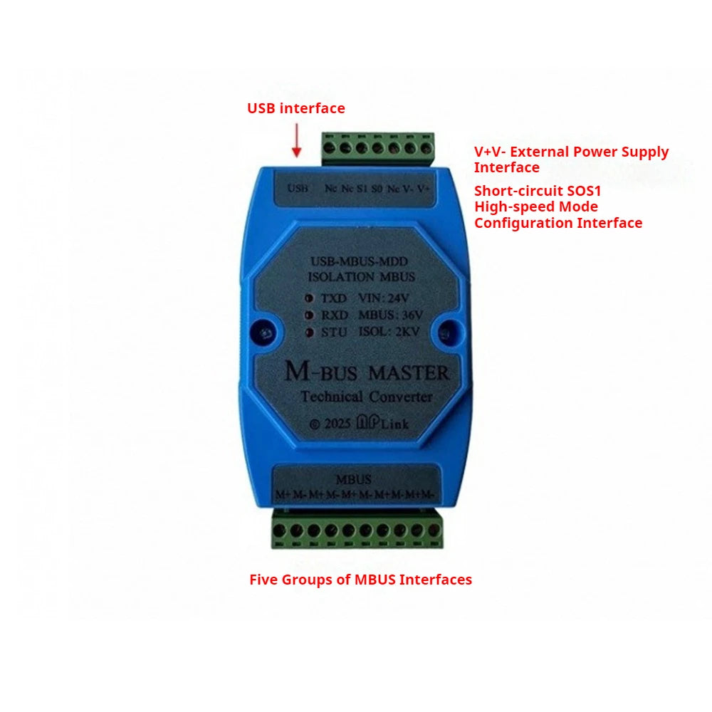Industrial USB to M-Bus Master Full Isolation 350 Loads 300-19200bps 1KM for Water Gas Heat Meter Data Acquisition Support Win Vue