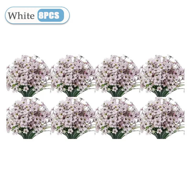 2-16PCS Violet Artificial Flowers Wall Hanging Fake Flower Bouquet Outdoor Home Garden Decoration DIY Wedding Party Home Decor Vue White-8PCS