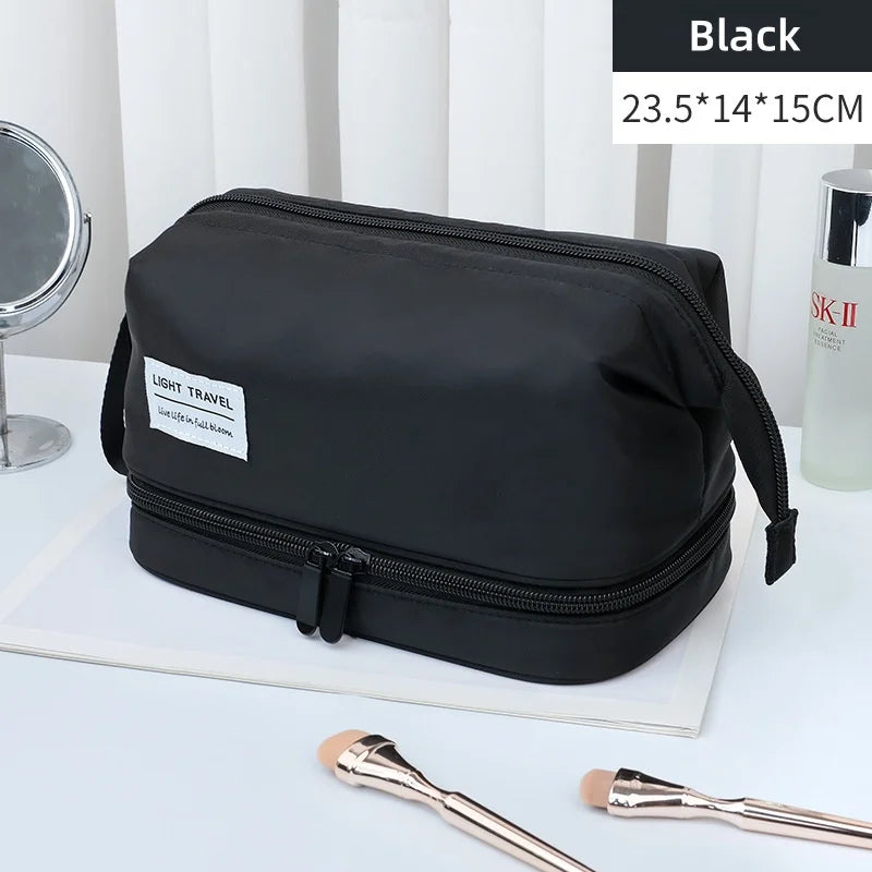 Large Capacity Cosmetic Bag Double Layer Toiletry Bag Makeup Organizer Toiletry Travel Bag Portable Travel Essentials Vue Black