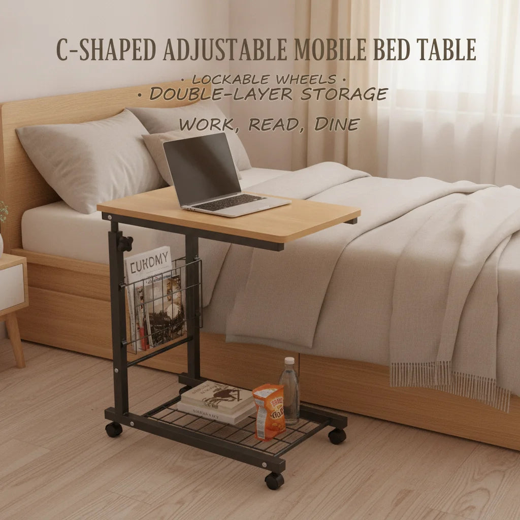 Adjustable C-Shaped Bedside Table with Wheels | 2-Tier Teak Adjustable Side Table Vue United States