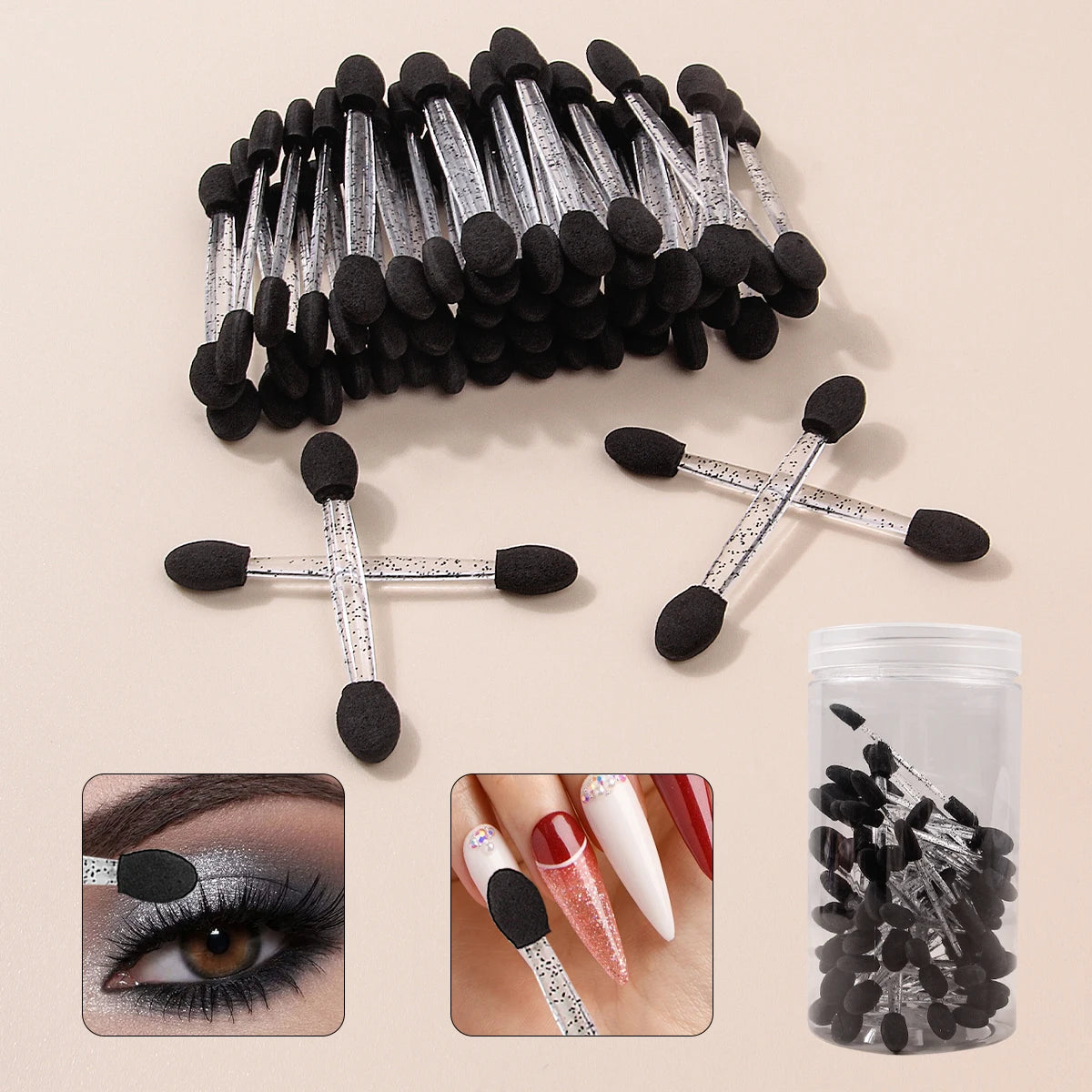 50PCS Double-Headed Sponge Eyeshadow Brush, Multi-Functional Applicator and Smudger +1PCS Transparent Storage Jar Makeup Tool Vue black