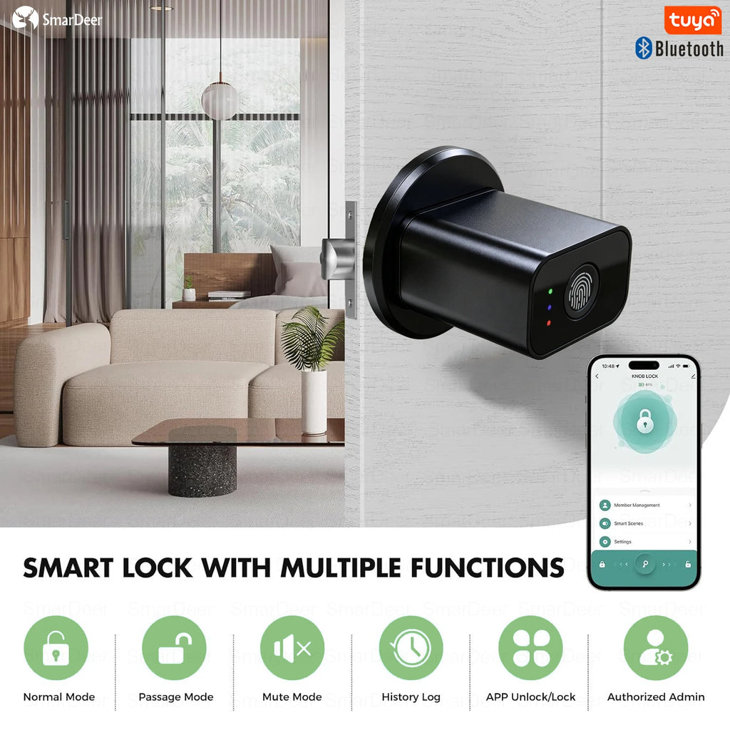 Smart Fingerprint Door Lock, Biometric Door Knob with Tuya APP Control, Physical Key, Keyless Entry Lock for Home, Office Vue