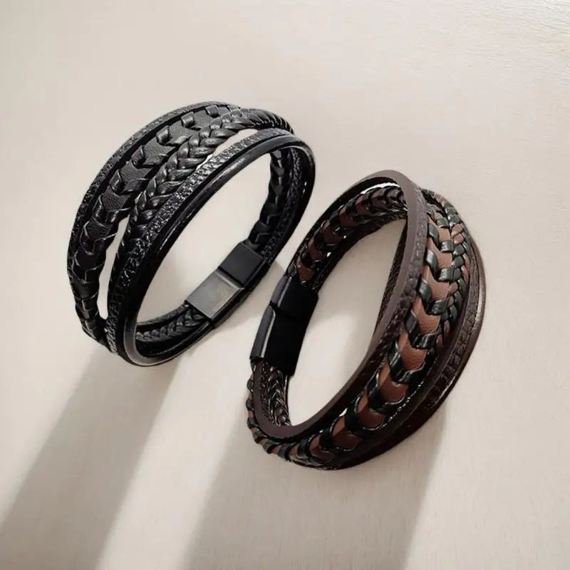 Trendy Men's Accessories Alloy Magnetic Buckle Multi Layer Retro Leather Rope Braided Bracelet Bracelet Fashion Dressing Vue