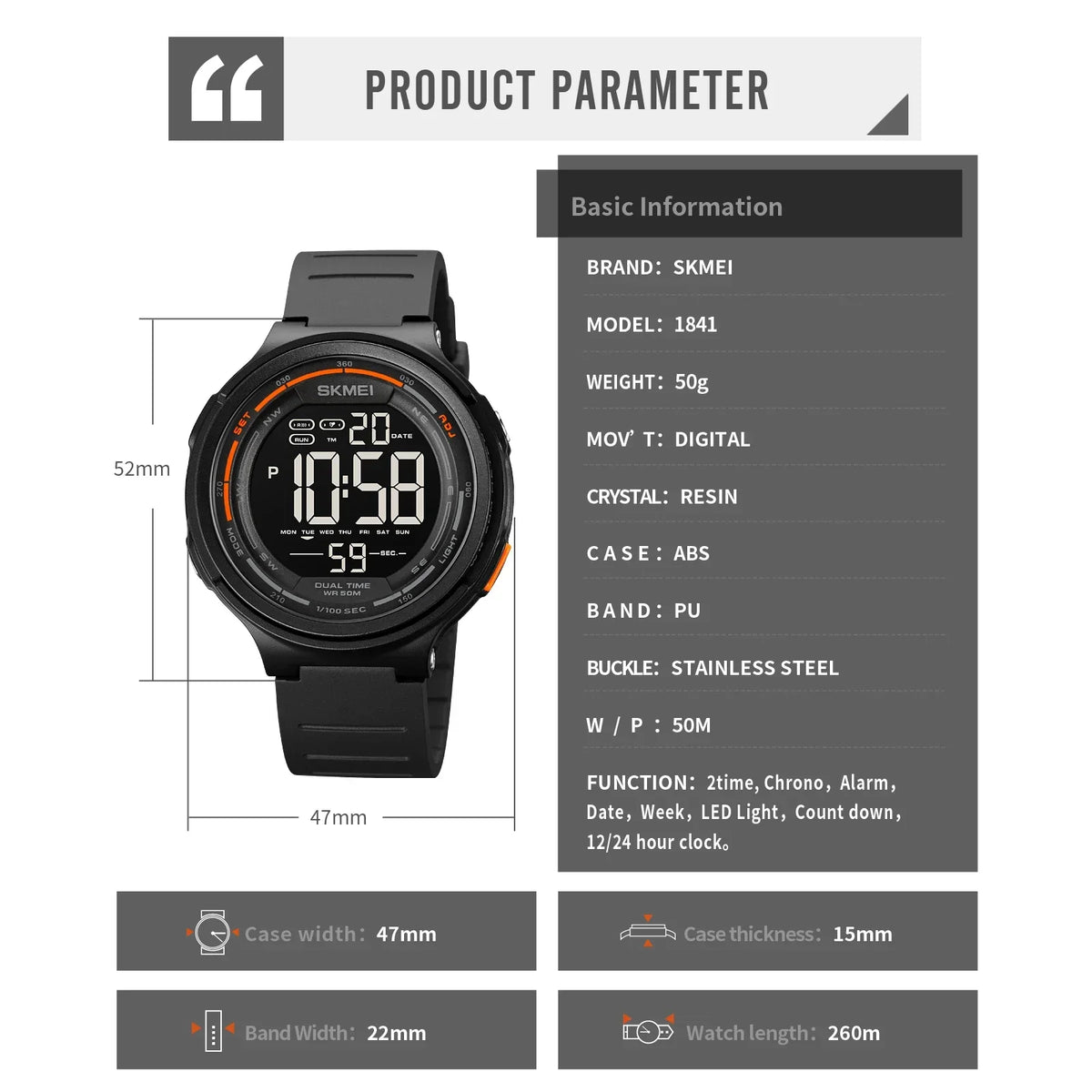 SKMEI 1841 Men's LED Digital Sports Watch – Waterproof Digital Sports Watch Vue