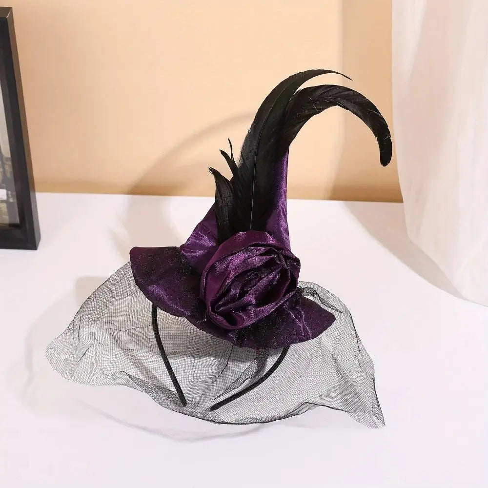 Simple Folds Halloween Witch Hat Satins Feather Design Retro Veil Witch Hat Black Cosplay Photo Props Wizard Cap Parties Vue