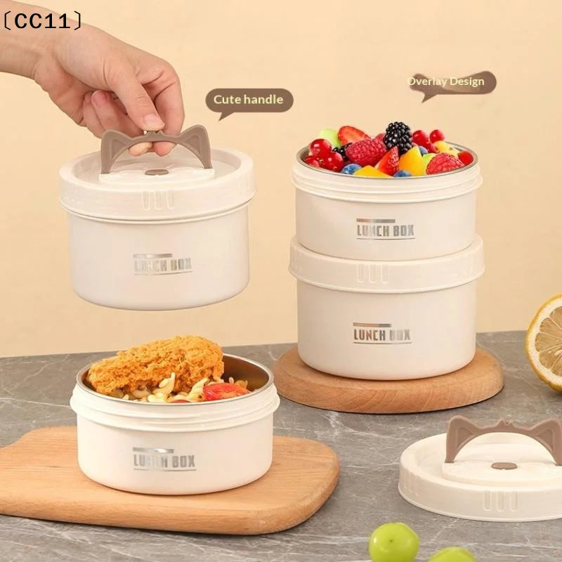 304 Stainless Steel Heat Preservation Lunch Box Round Food Container Large Capacity Cat Ear Handle〔CC11〕 Vue