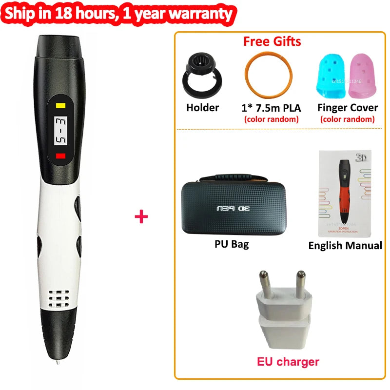 3D Pen Kids 3 Speed Adjustable 3D Printing Pen LCD Screen DIY Drawing Pens PLA Filament Children Toys Girls and Boys Gifts Vue EU white pen PLA Filagment