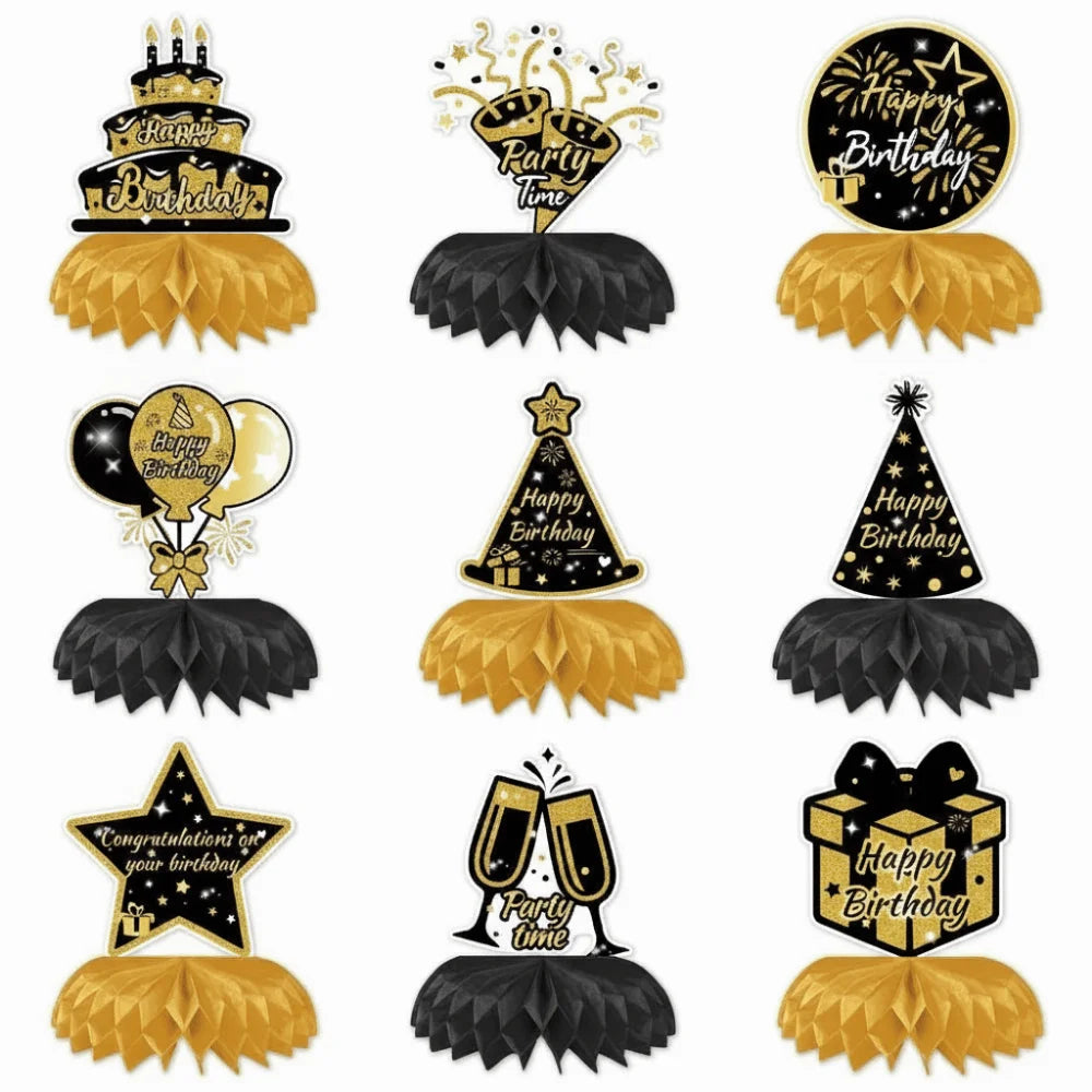 9Pcs/Set Shiny Birthday Paper Honeycomb Decor Vivid Color 3D Party Honeycomb Decorations Foldable Paper Birthday Party Supplies Vue Gold