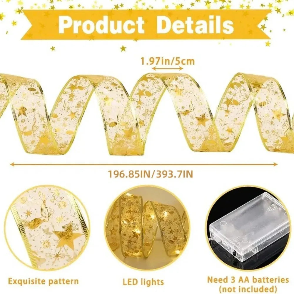 1PC 5M/10M Christmas battery box gold ribbon light string,excluding battery,used for Christmas tree,balcony,gift box decoration Vue Warm white 1PC 5M