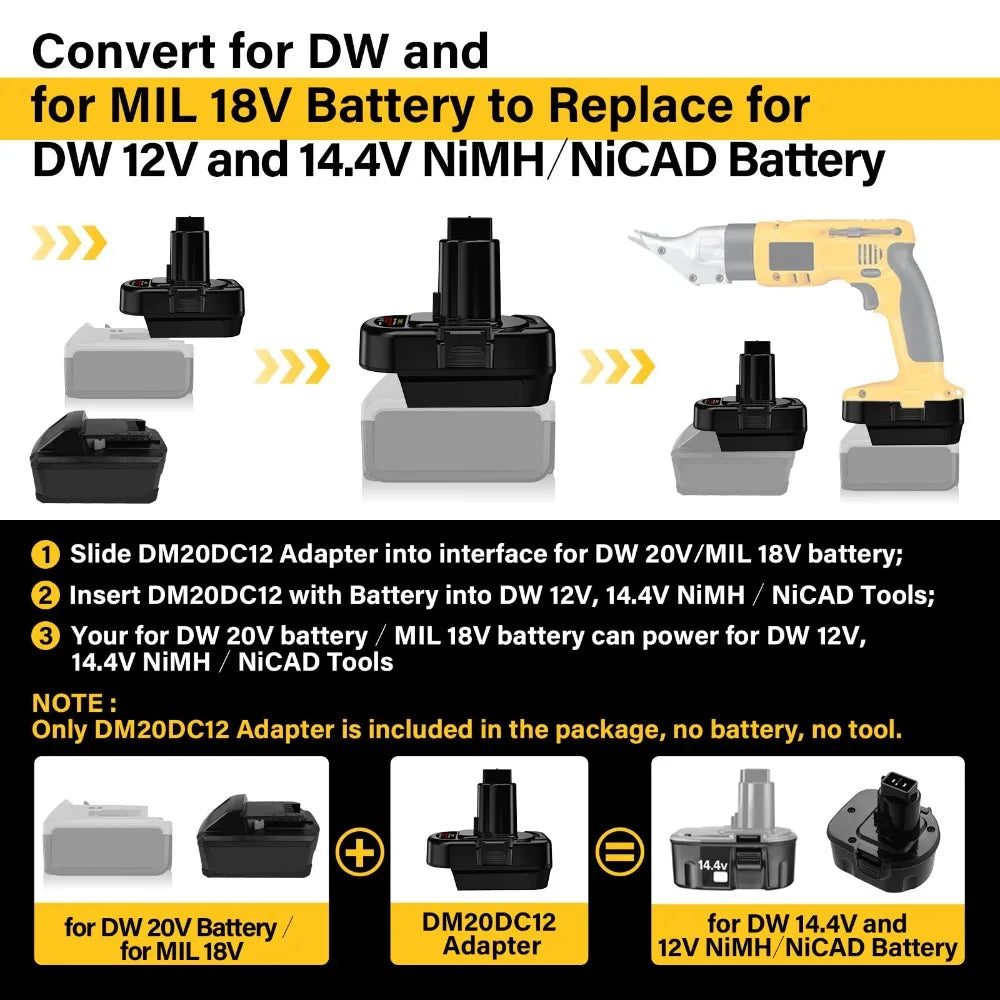 DM20DC12 Battery Adapter for DeWalt 20V for Milwaukee 18V Batteries Converting To for DeWalt 12V/14.4V Ni-CD Ni-MH Battery Tools Vue