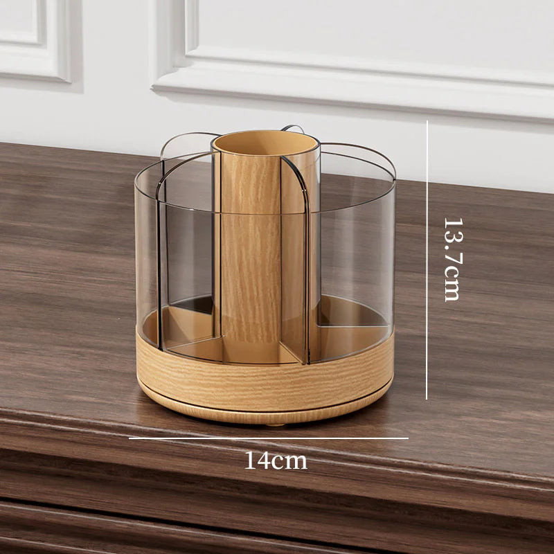 Makeup Brush Holder 360° Rotating 6 Slot Multi-Compartment Storage Acrylic Large Capacity Makeup Brushes Case With Wooden Base Vue