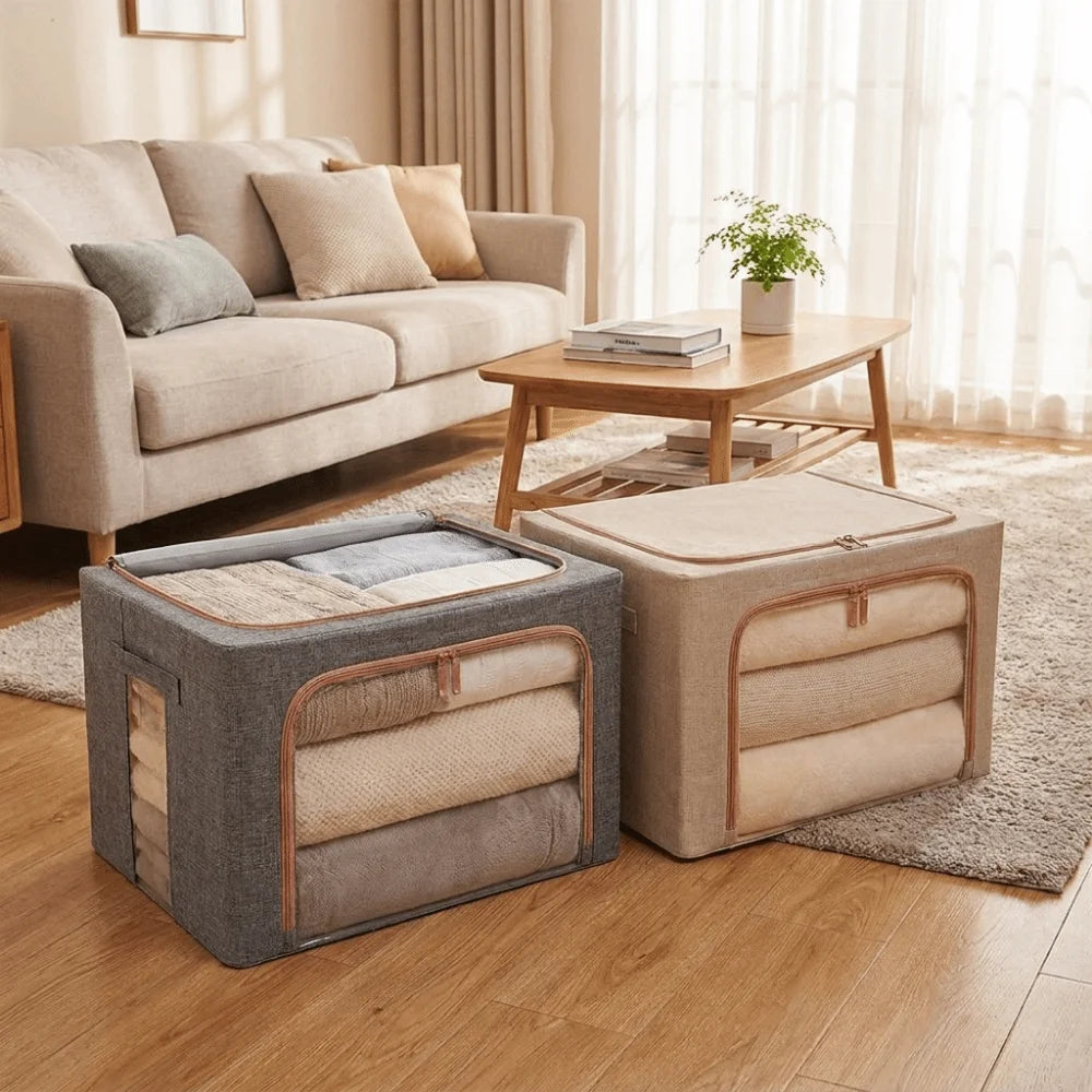 Clear Window Clothes Quilt Storage Bins Large Capacity Steel Frame Clothing Sorting Box Dust-proof with Handles Zipper Vue