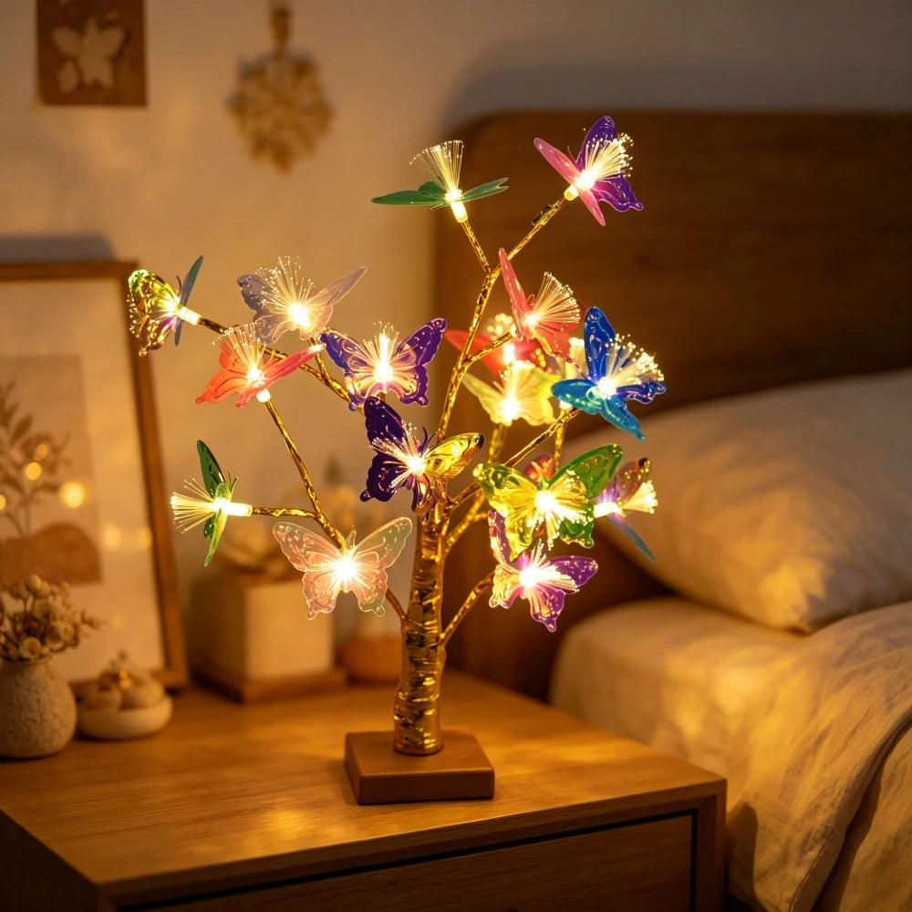 Golden Birch Tree LED Table Lamp with Fiber Optic Butterfly, Battery Powered Desktop Light for Bedroom Table Home Decor Vue