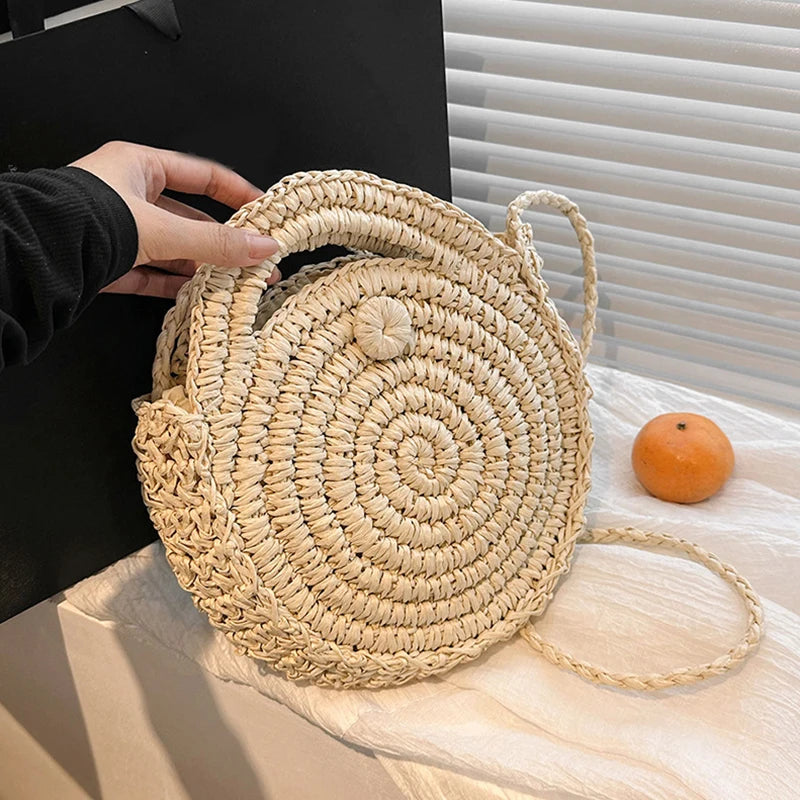 Nice Round Straw Crossbody Bag Handmade Woven Shoulder Women Summer