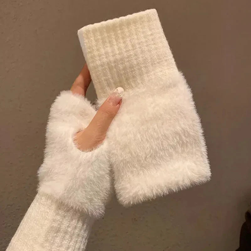 Mink Fleece Soft Winter Half Finger Gloves Women Warm Luxury Solid White Plush Knitted Fingerless Gloves Wrist Mittens Writting Vue