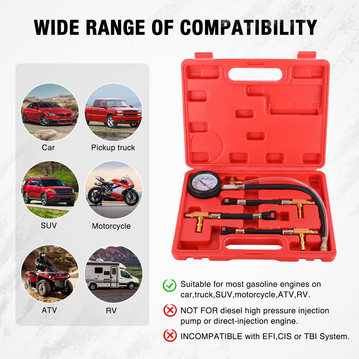 Nilight Fuel Pressure Gauge Tester Kit, 0-100 PSI Fuel Injection Pump Pressure Gauge Petrol Engine Diagnostic Tester for Car Truck Motorcycle SUV ATV RV, 9PCS Vue