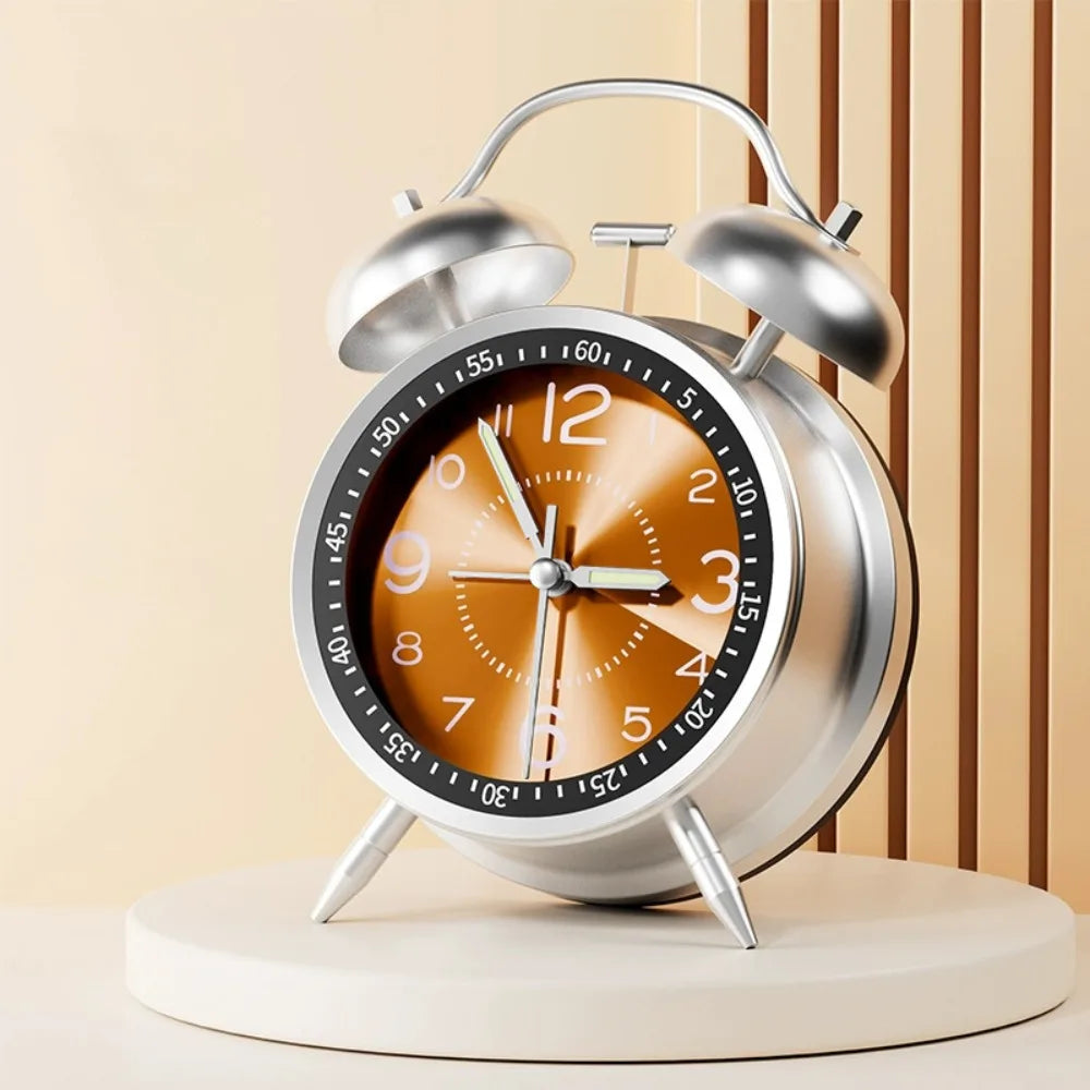 Silent Twin Bell Alarm Clock with Night Light Metal Frame Bedroom Alarm Clock Retro Fall-resistant Loud Alarm Clock Living Room Vue Orange