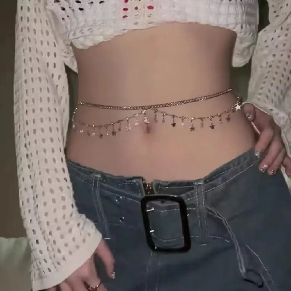 Star Glitter Tassel Boho Waist Chain Shiny Rhinestone Beach Body